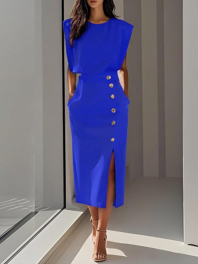 Colette | Sleeveless Side-Button Front-Slit Women Summer Midi Dress