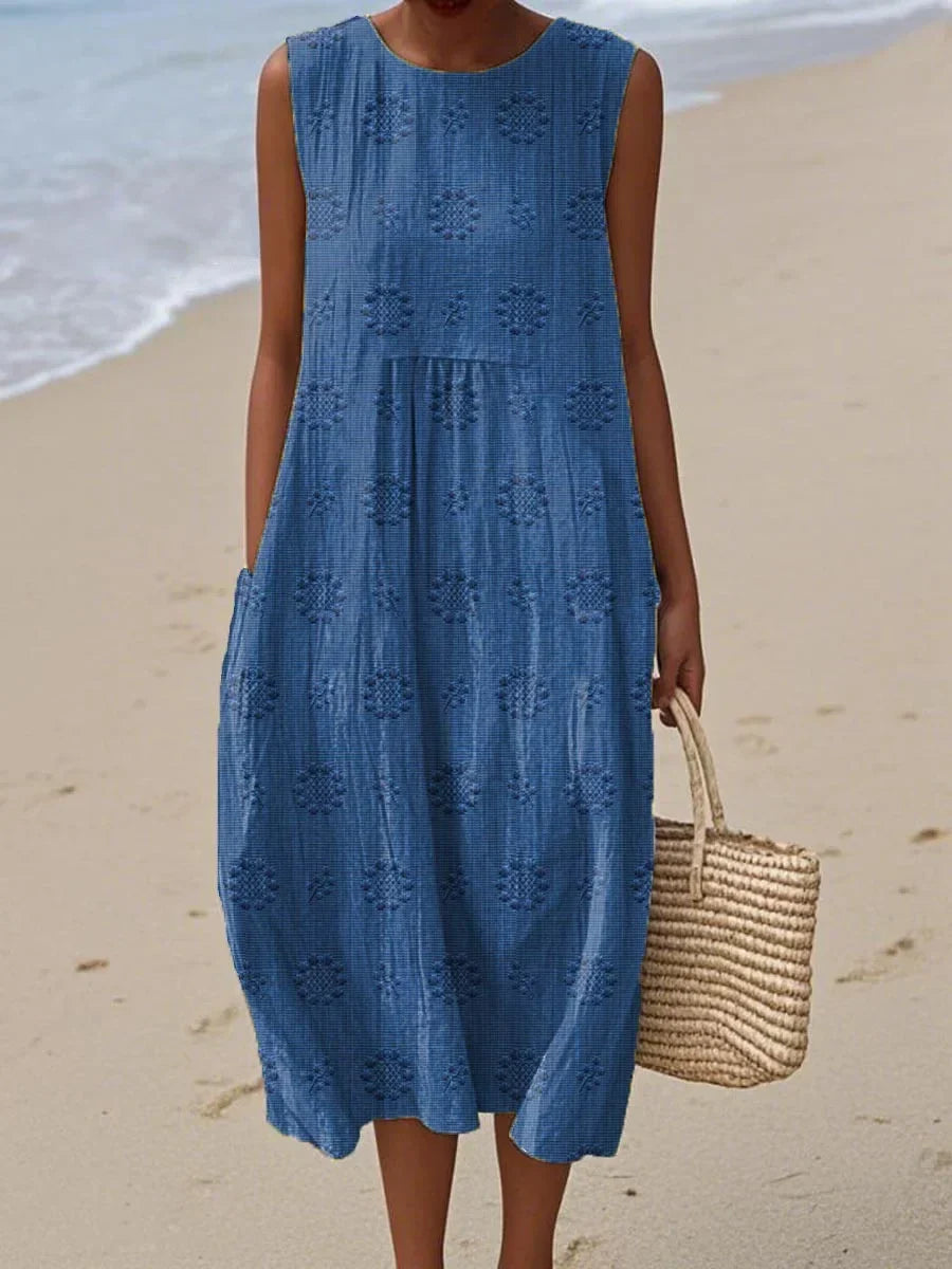 Leah | Sleeveless Embroidered Cotton Pocket Women Summer Midi Dress