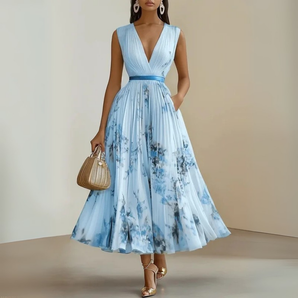 Jasmine | Floral Deep-V Sleeveless A-Line Women Summer Midi Dress