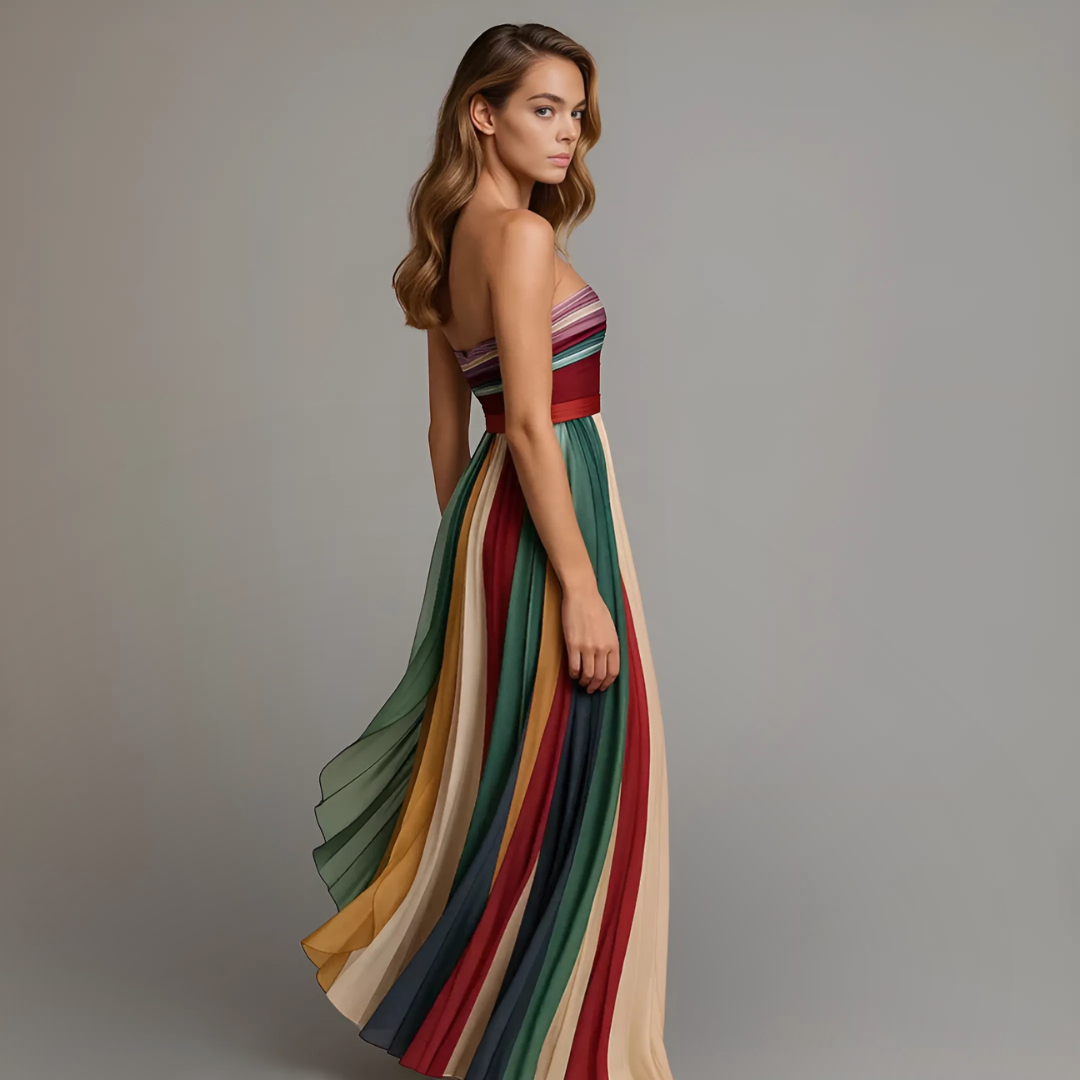 Irene | Strapless Rainbow Pleated Women Summer Maxi Dress