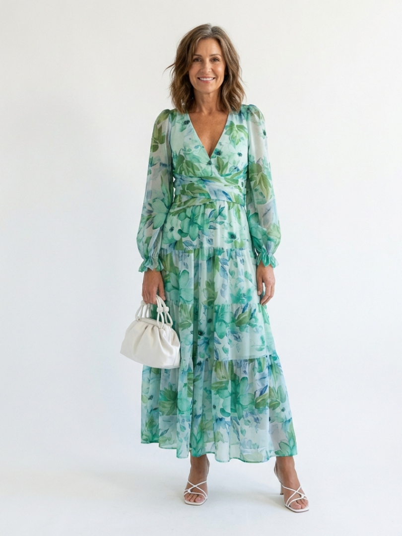 Lara | Long-Sleeve Floral Tiered Chiffon Women Summer Maxi Dress