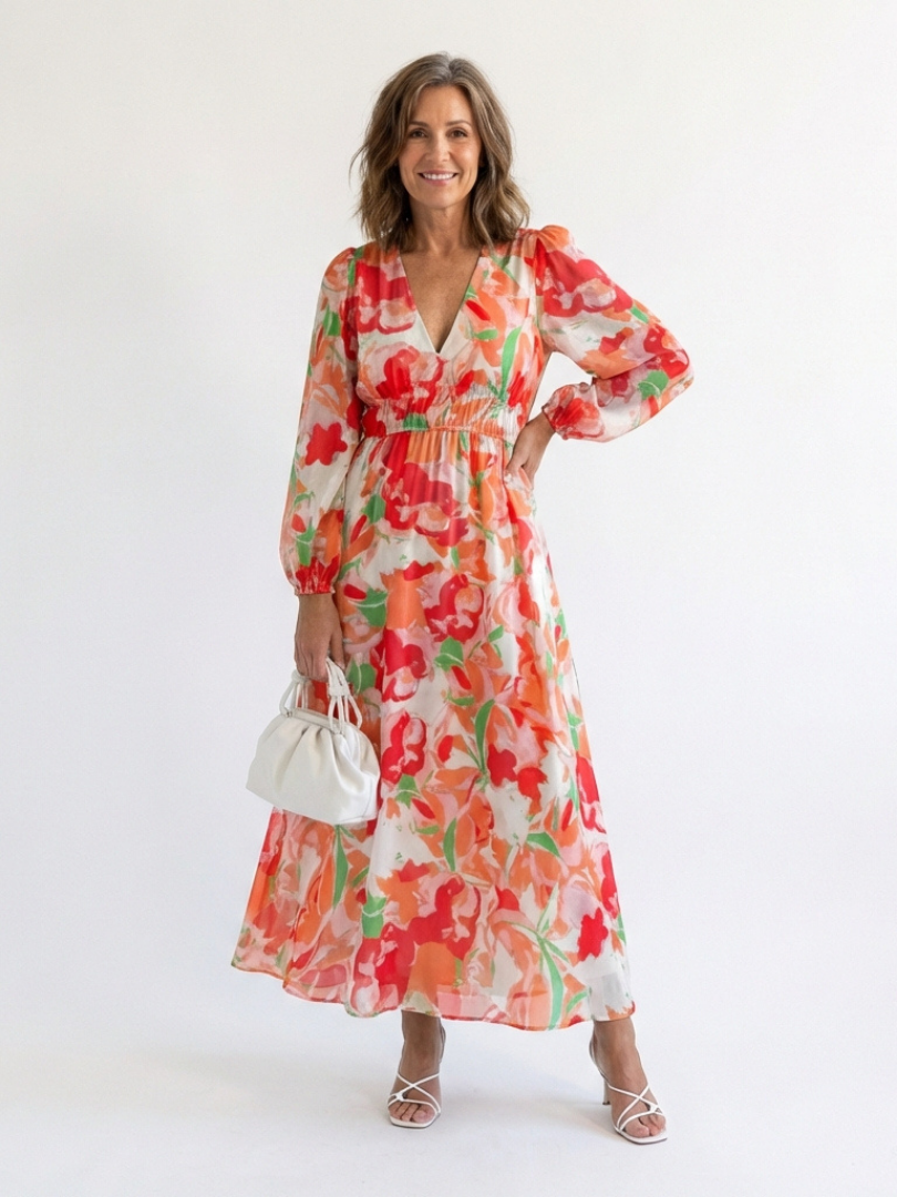 Lara | Long-Sleeve Floral Tiered Chiffon Women Summer Maxi Dress