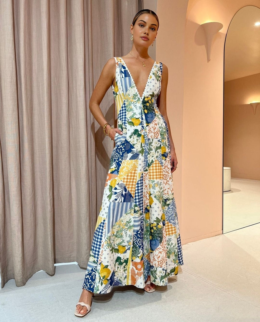 Allegra | Patchwork V-Neck Bohemian Women Summer Maxi Dress