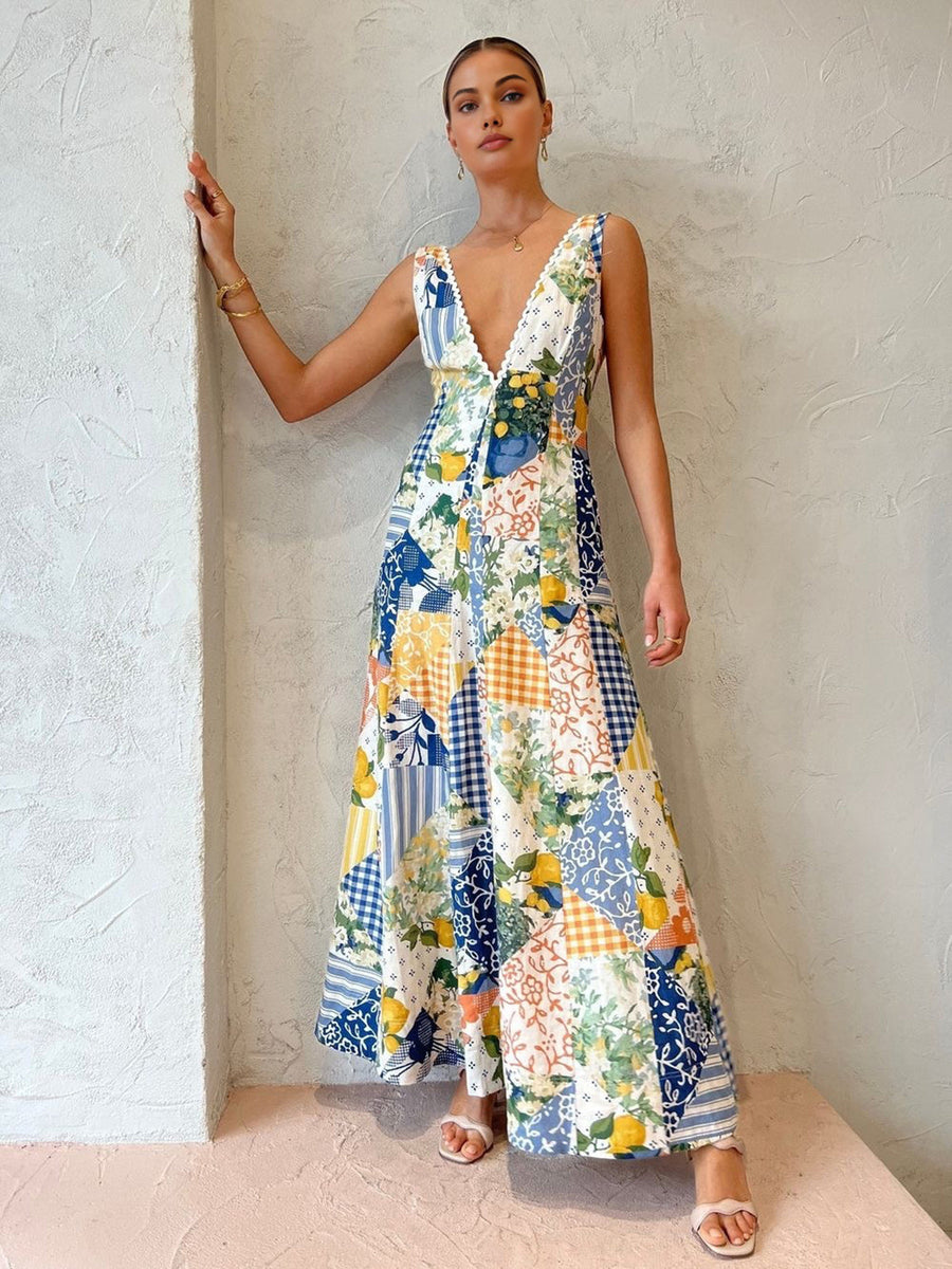 Allegra | Patchwork V-Neck Bohemian Women Summer Maxi Dress