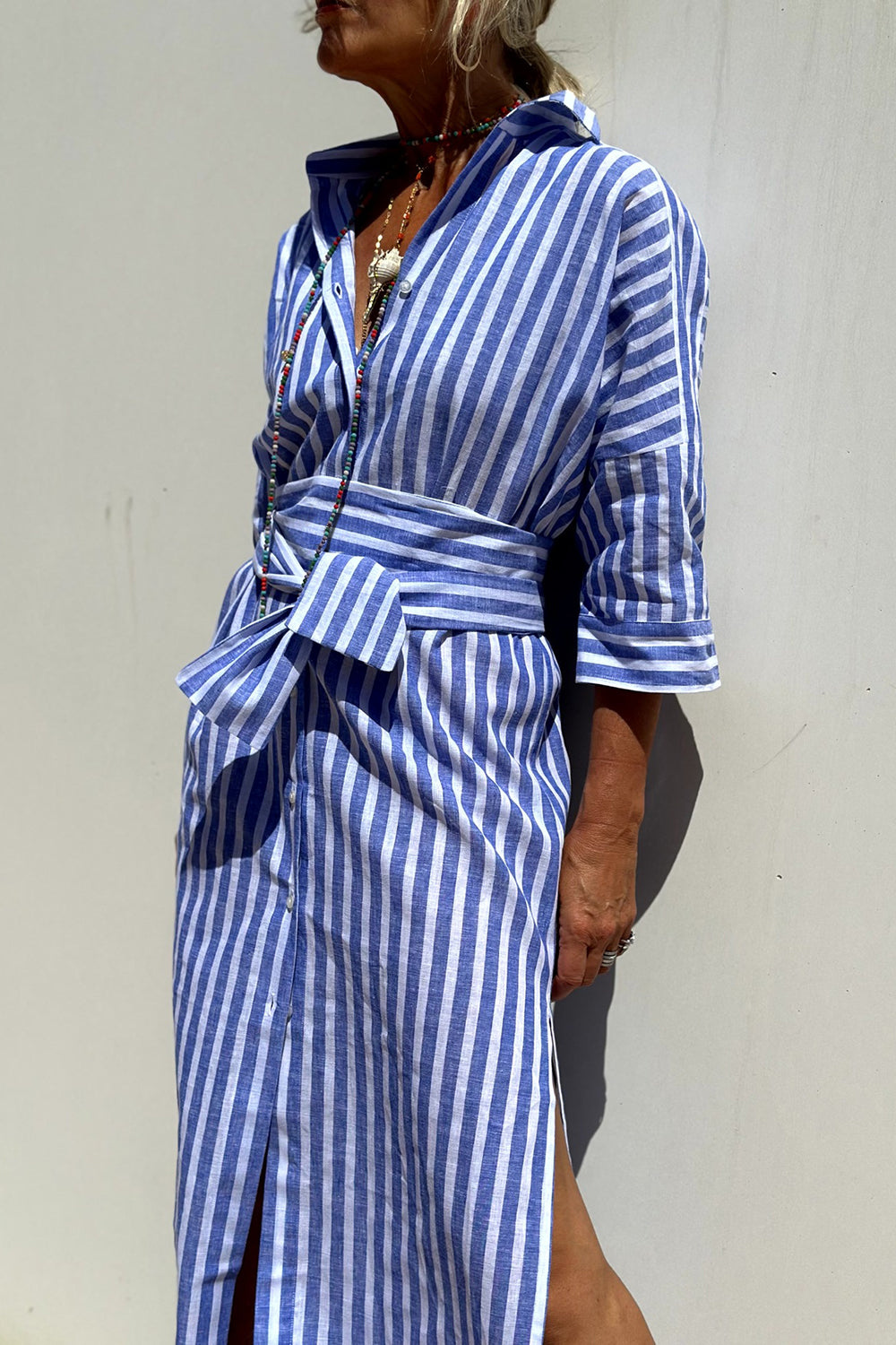 Brigitte | Striped Button-Down Waist-Tie Women Summer Midi Dress