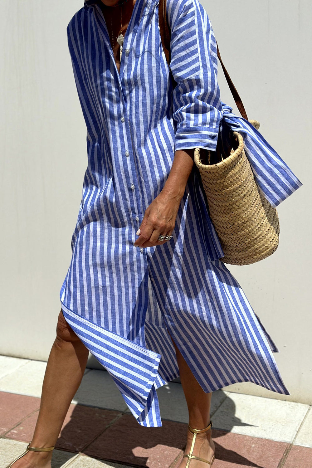Brigitte | Striped Button-Down Waist-Tie Women Summer Midi Dress