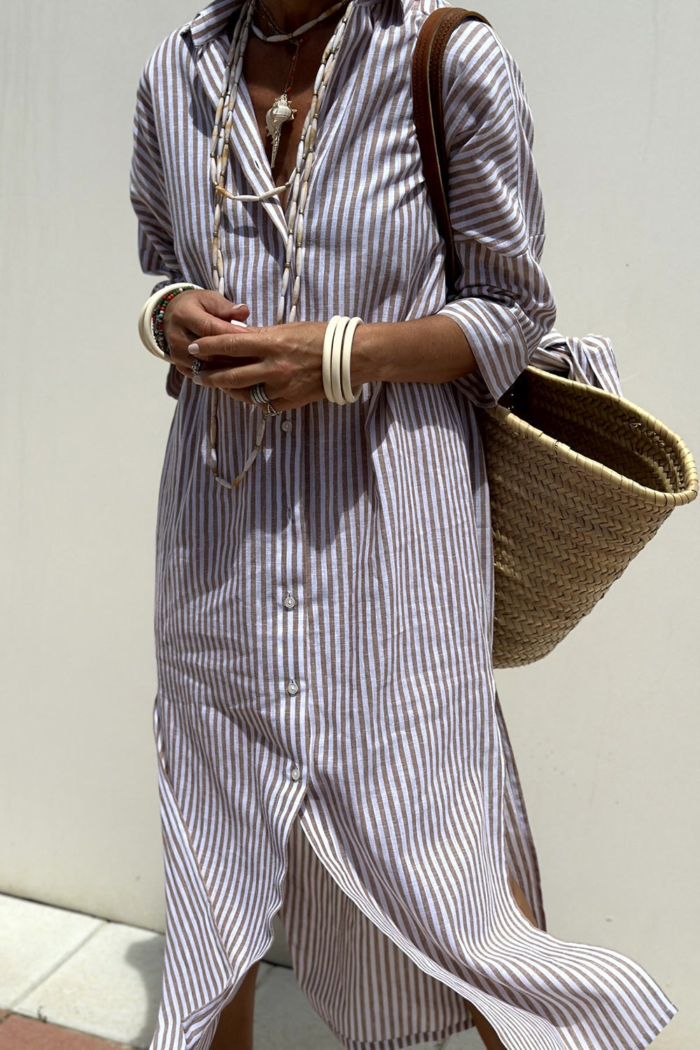 Brigitte | Striped Button-Down Waist-Tie Women Summer Midi Dress