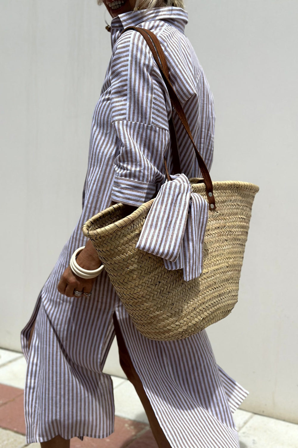 Brigitte | Striped Button-Down Waist-Tie Women Summer Midi Dress