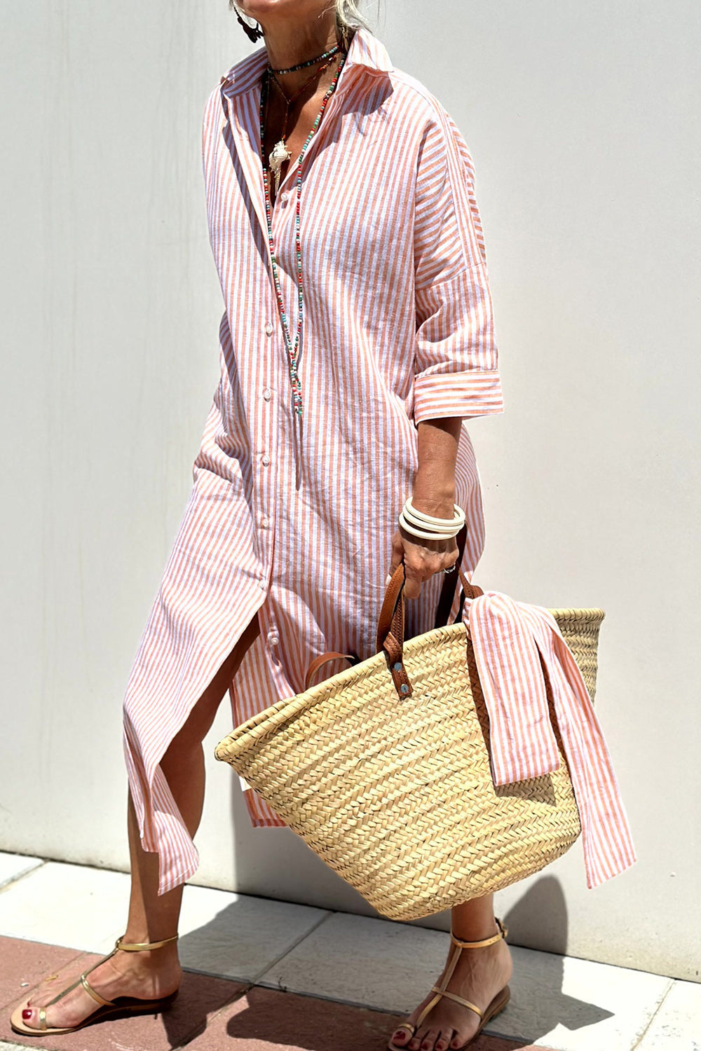 Brigitte | Striped Button-Down Waist-Tie Women Summer Midi Dress