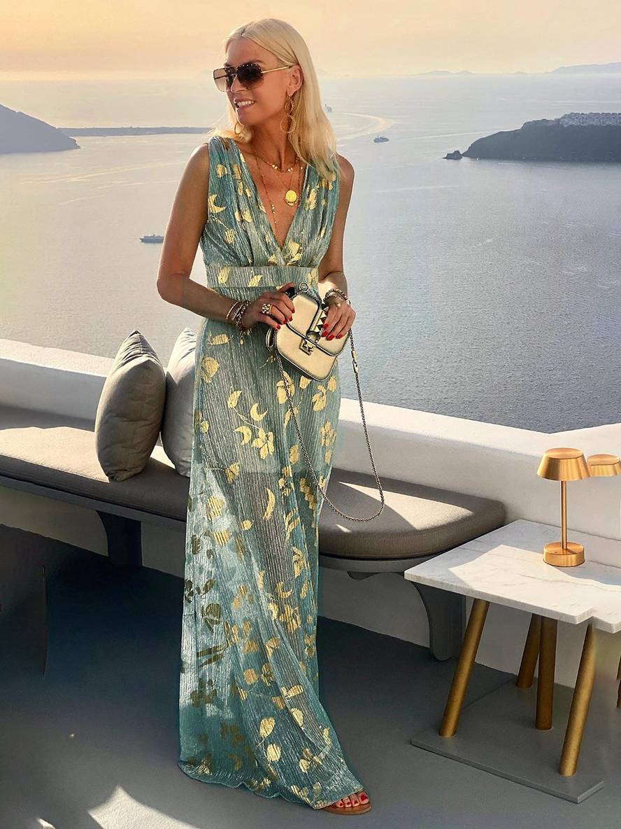 Eve | Glossy Sequin Floral Deep-V Women Summer Maxi Dress