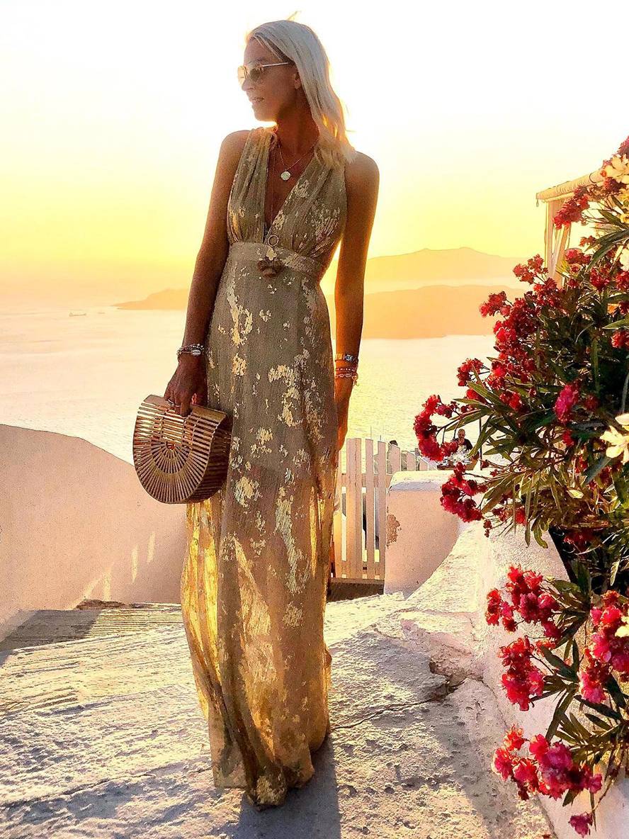 Eve | Glossy Sequin Floral Deep-V Women Summer Maxi Dress