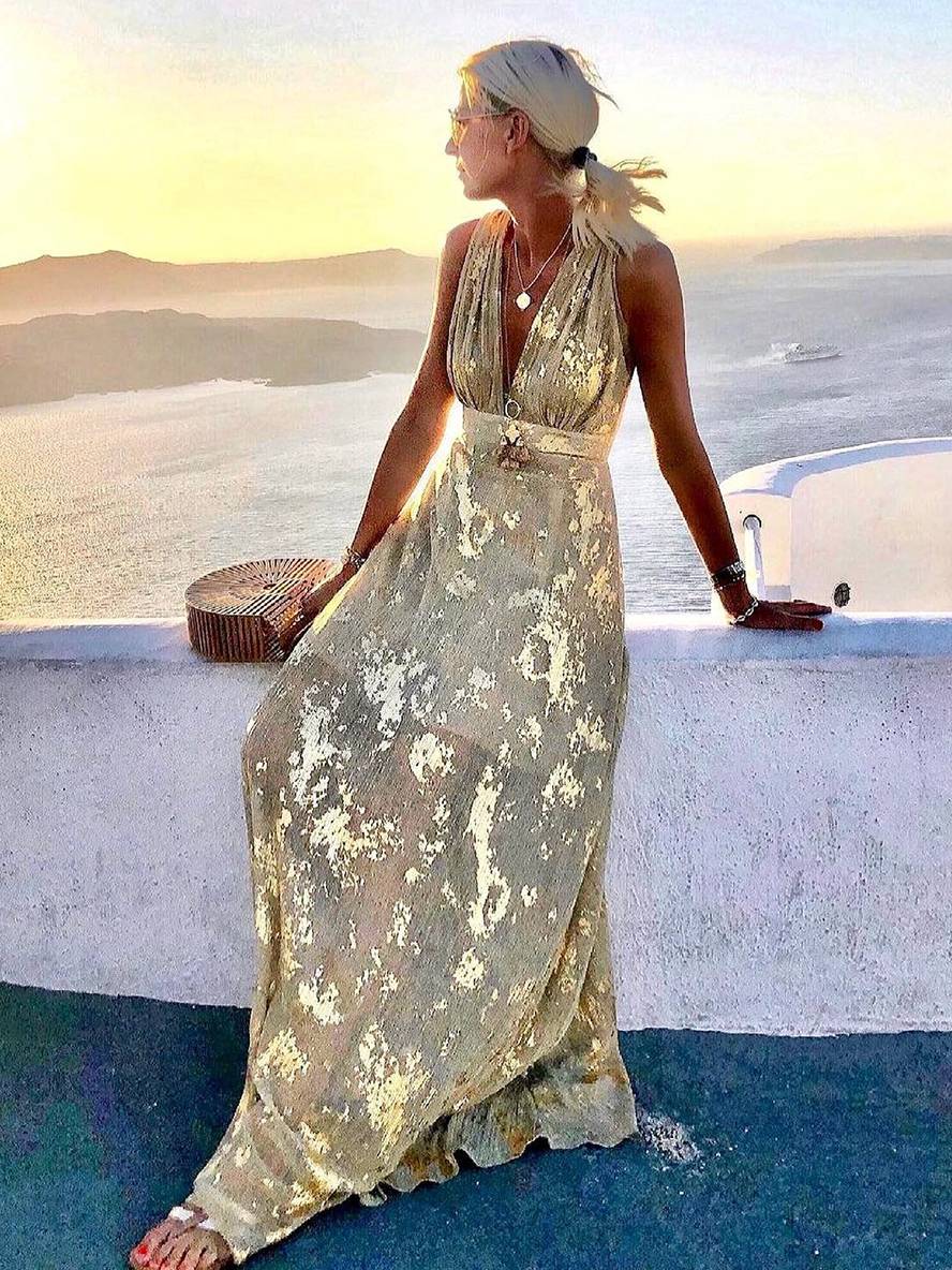 Eve | Glossy Sequin Floral Deep-V Women Summer Maxi Dress