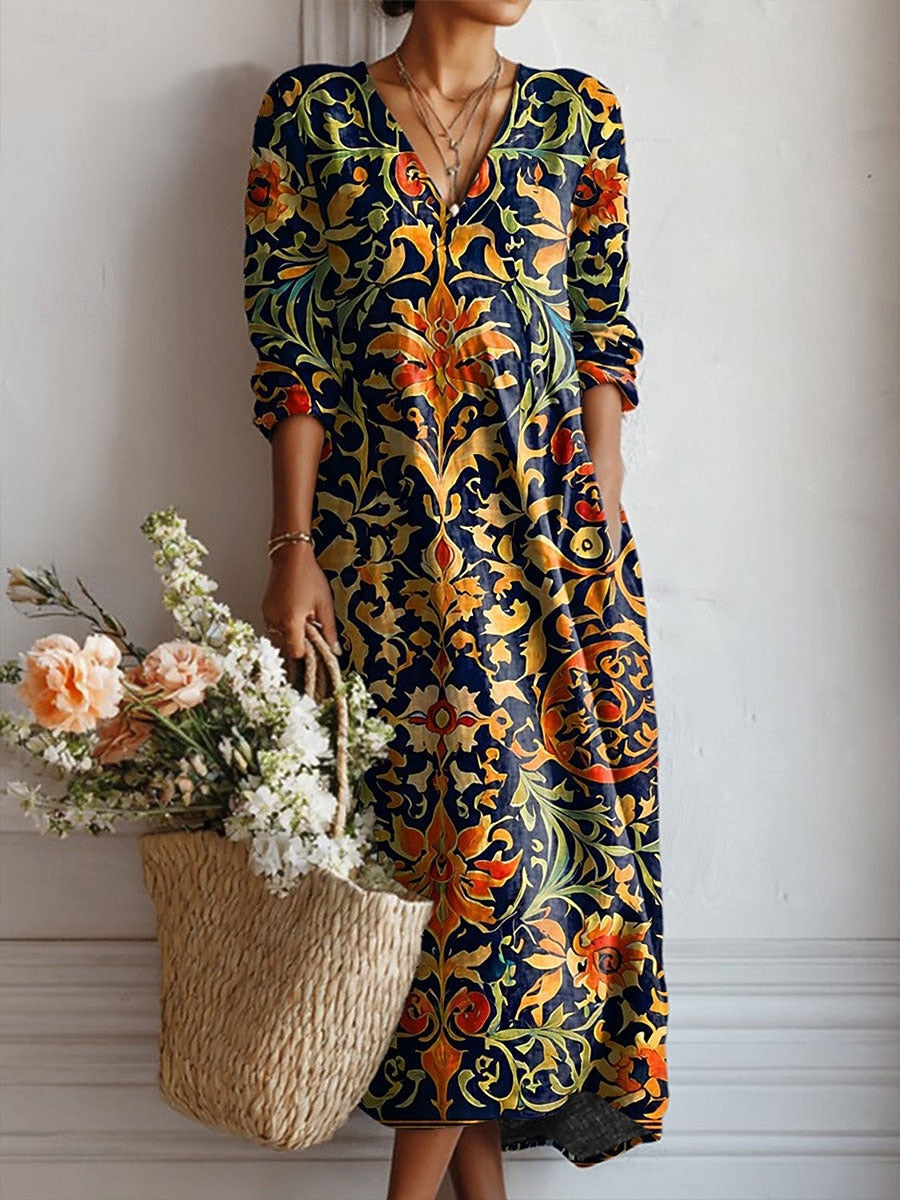 Daphne | Vintage Floral V-Neck Women Summer Midi Dress