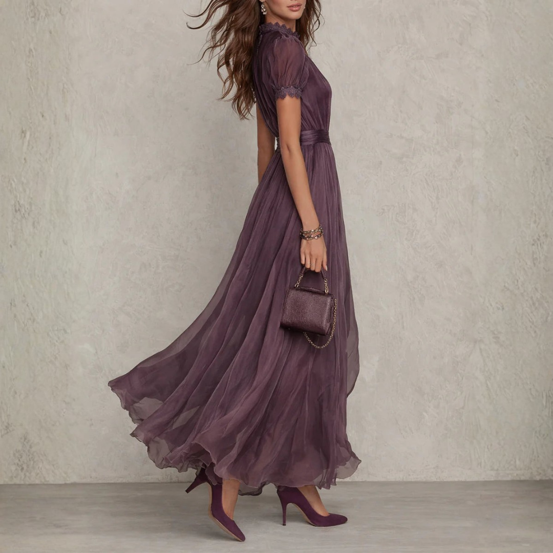 Aida | Chiffon Tie-Neck Gathered-Waist Women Summer Maxi Dress