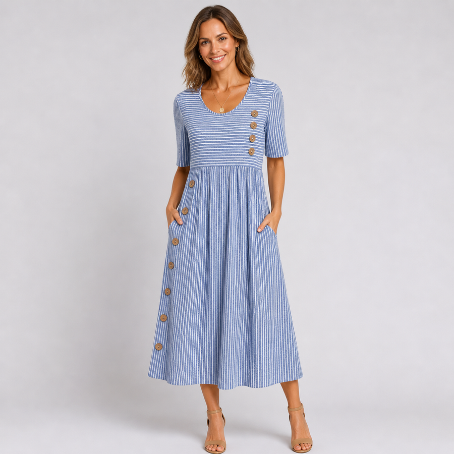 Tilly | Striped Button-Detail Short-Sleeve Women Summer Midi Dress