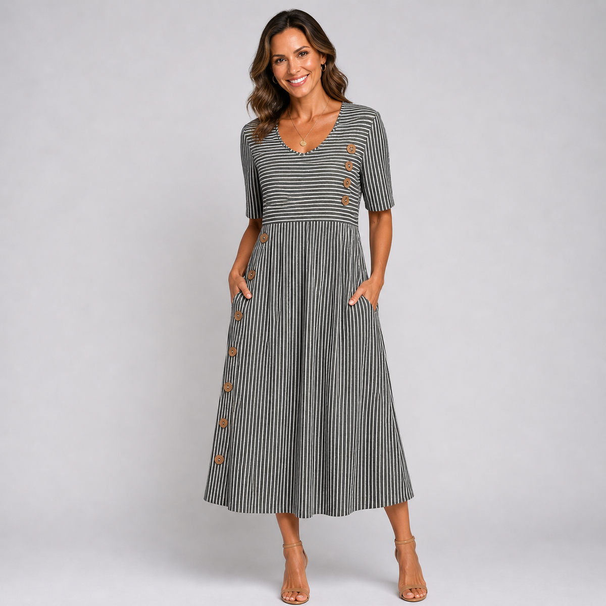 Tilly | Striped Button-Detail Short-Sleeve Women Summer Midi Dress