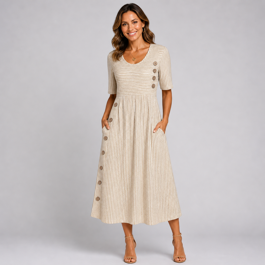 Tilly | Striped Button-Detail Short-Sleeve Women Summer Midi Dress