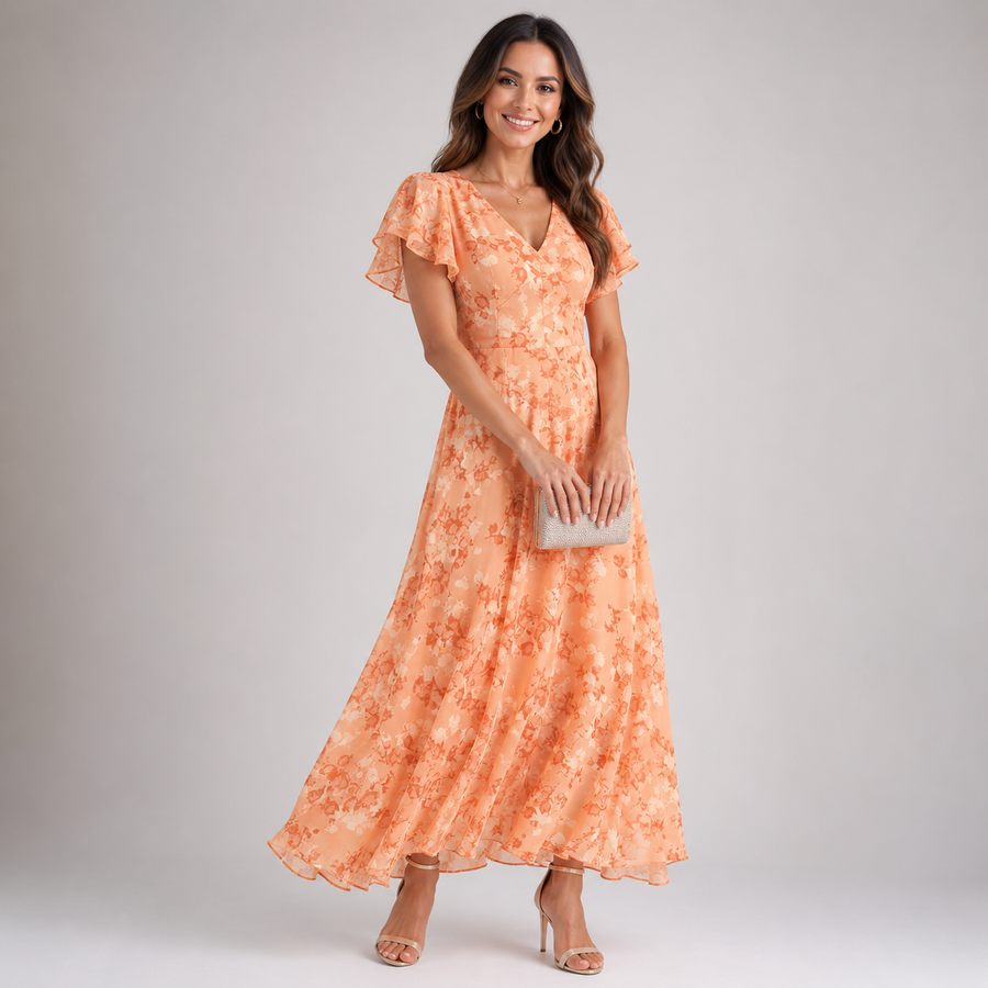 Vivian | Floral Flutter-Sleeve Fitted-Waist Women Summer Maxi Dress