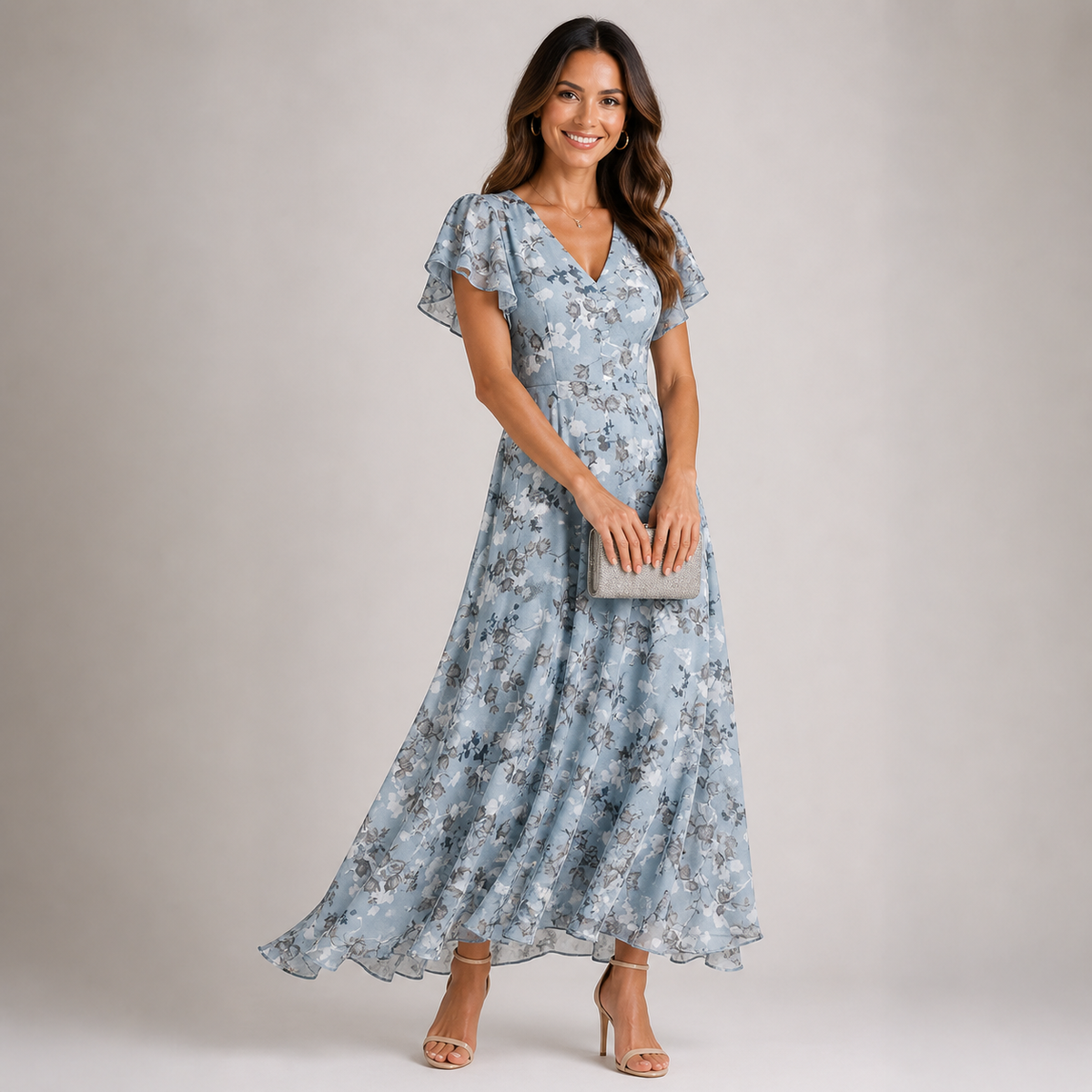 Vivian | Floral Flutter-Sleeve Fitted-Waist Women Summer Maxi Dress