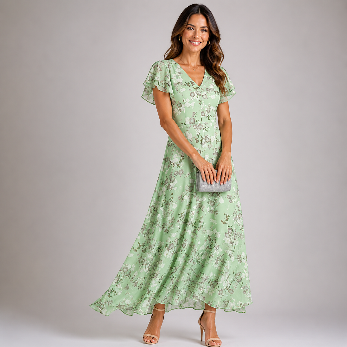 Vivian | Floral Flutter-Sleeve Fitted-Waist Women Summer Maxi Dress