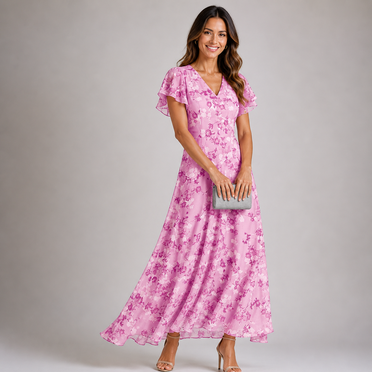 Vivian | Floral Flutter-Sleeve Fitted-Waist Women Summer Maxi Dress