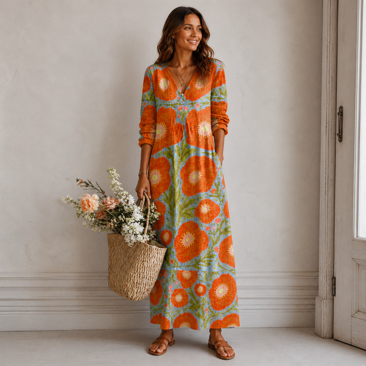 Victoria | Oversized-Floral Boho Long-Sleeve Women Summer Maxi Dress