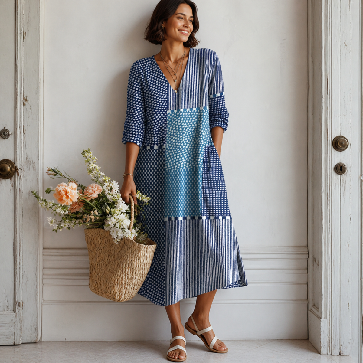 Thalia | Bohemian Patchwork Long-Sleeve Women Summer Midi Dress