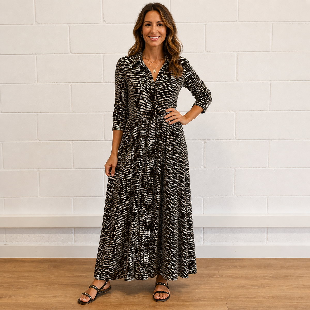 Vera | Collared Abstract Print Long-Sleeve Women Summer Maxi Dress