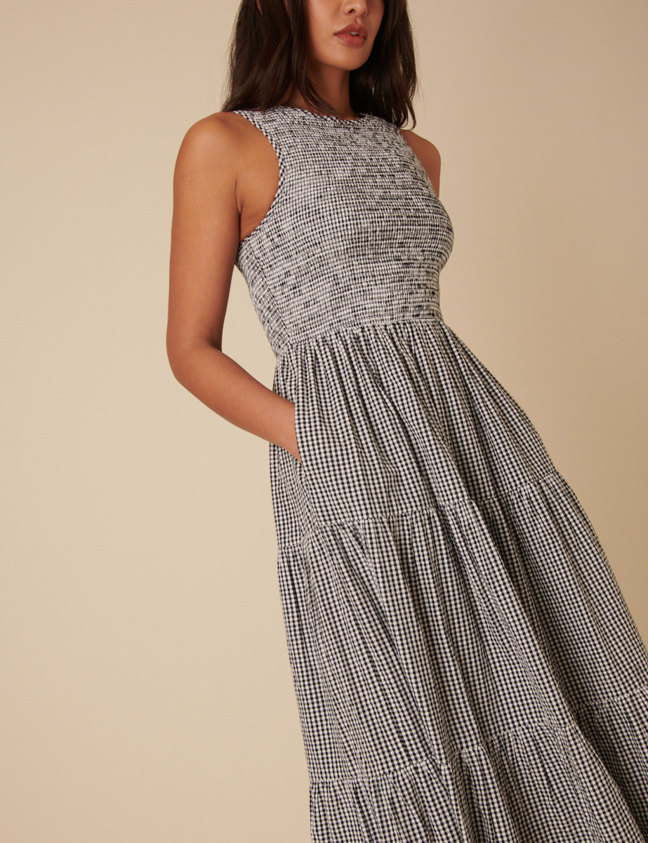 Ophelia | Gingham Tiered Pocket Women Summer Midi Dress