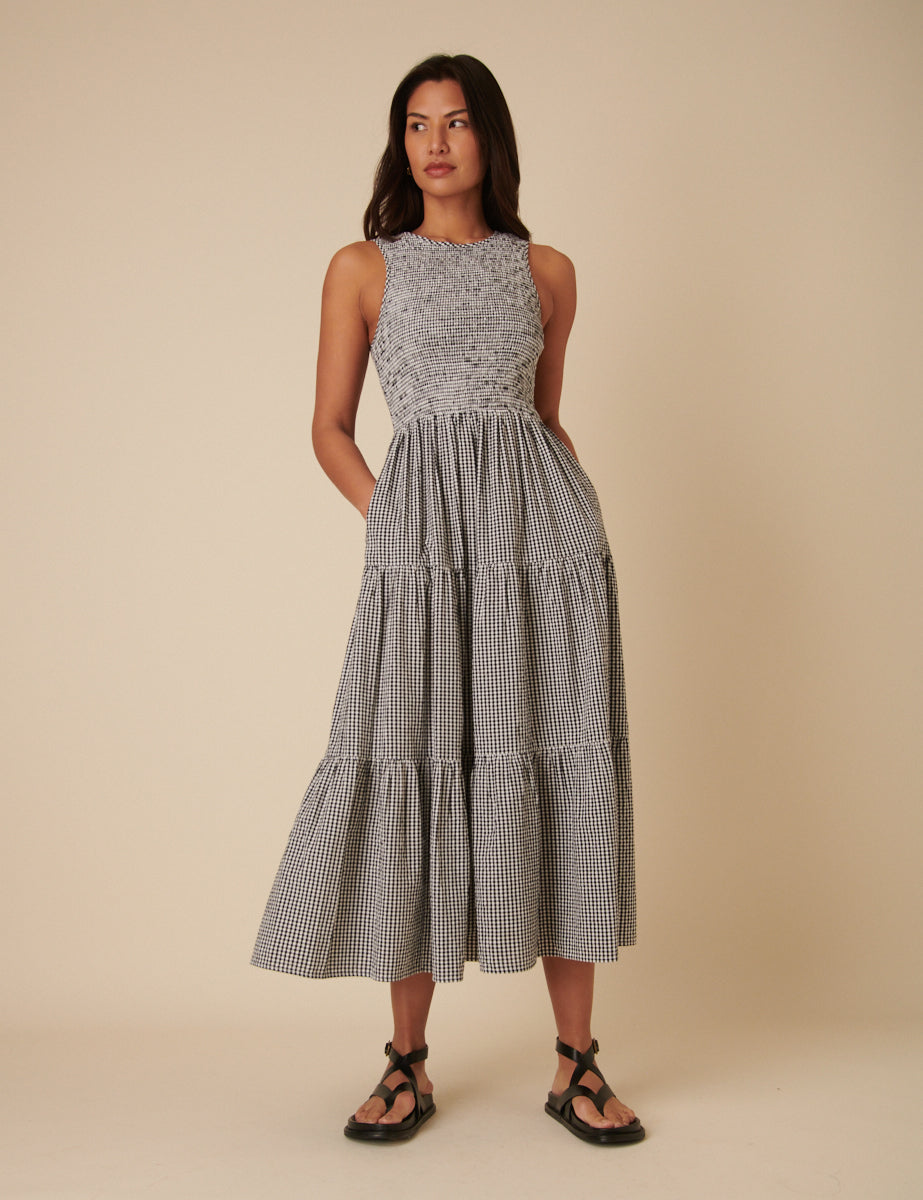 Ophelia | Gingham Tiered Pocket Women Summer Midi Dress