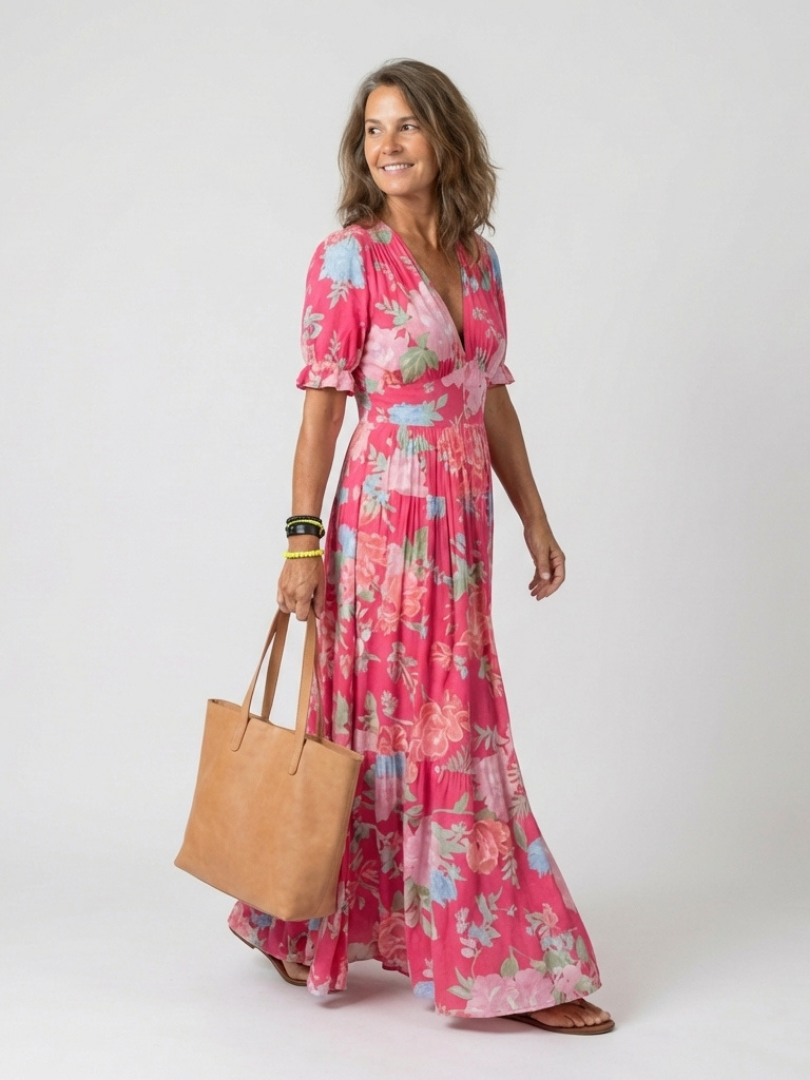 Lina | Floral V-Neck Short-Sleeve Women Summer Maxi Dress