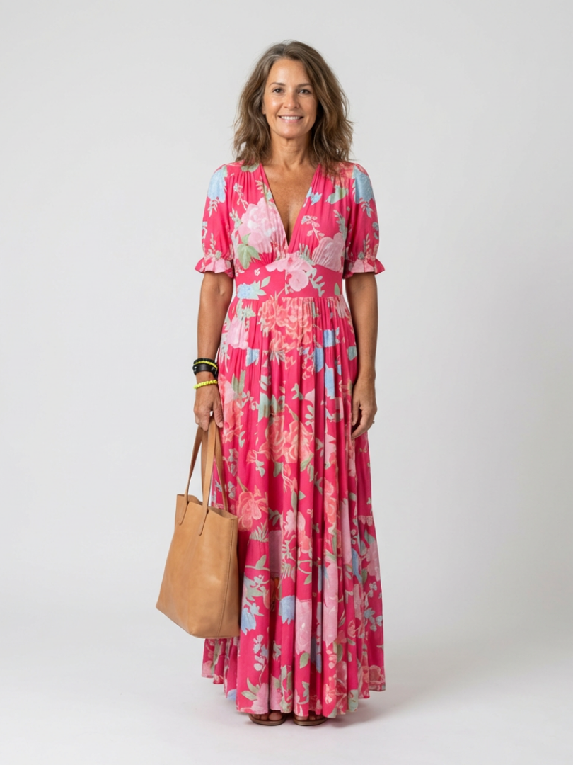 Lina | Floral V-Neck Short-Sleeve Women Summer Maxi Dress