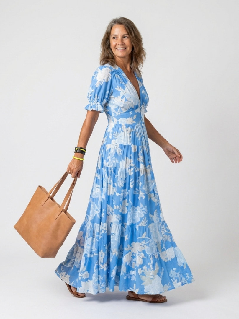 Lina | Floral V-Neck Short-Sleeve Women Summer Maxi Dress