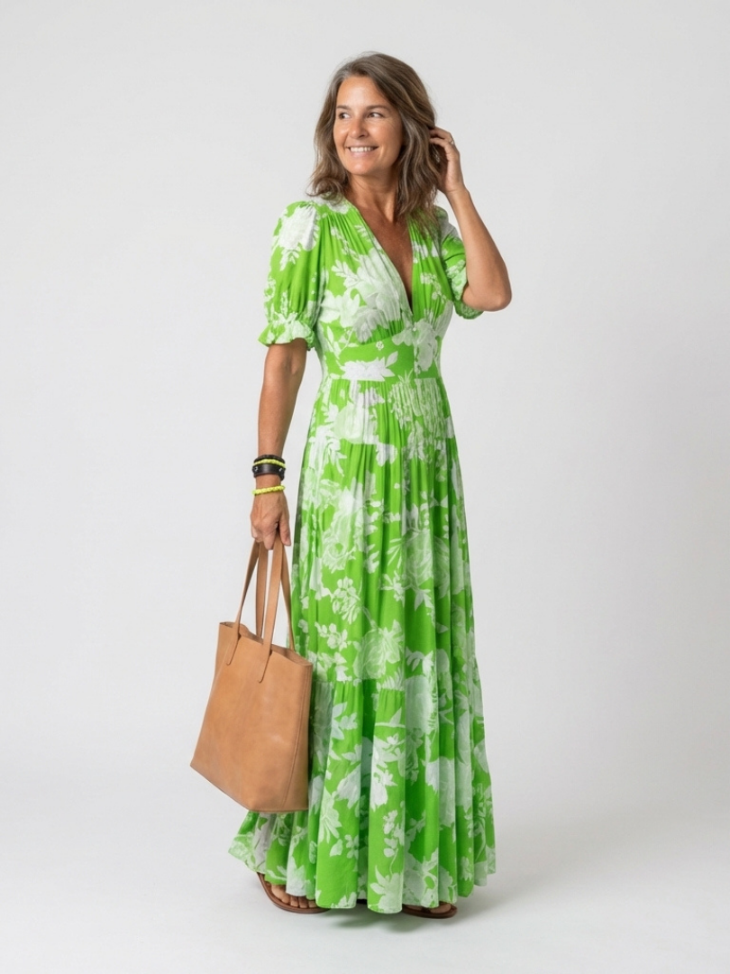 Lina | Floral V-Neck Short-Sleeve Women Summer Maxi Dress