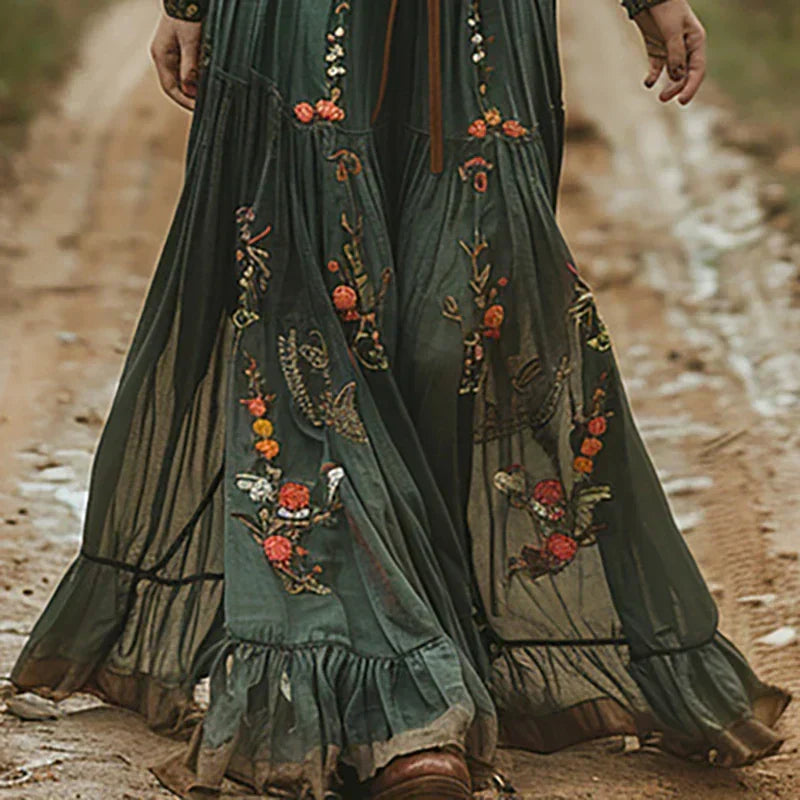 Macy | Embroidered Deep-V Belted Women Summer Maxi Dress