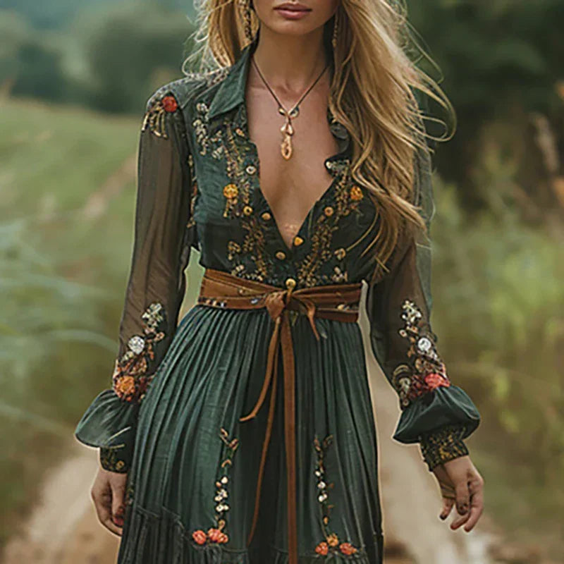 Annika | Vintage Floral Sheer-Sleeve Women Summer Maxi Dress