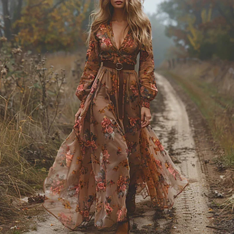 Annika | Vintage Floral Sheer-Sleeve Women Summer Maxi Dress
