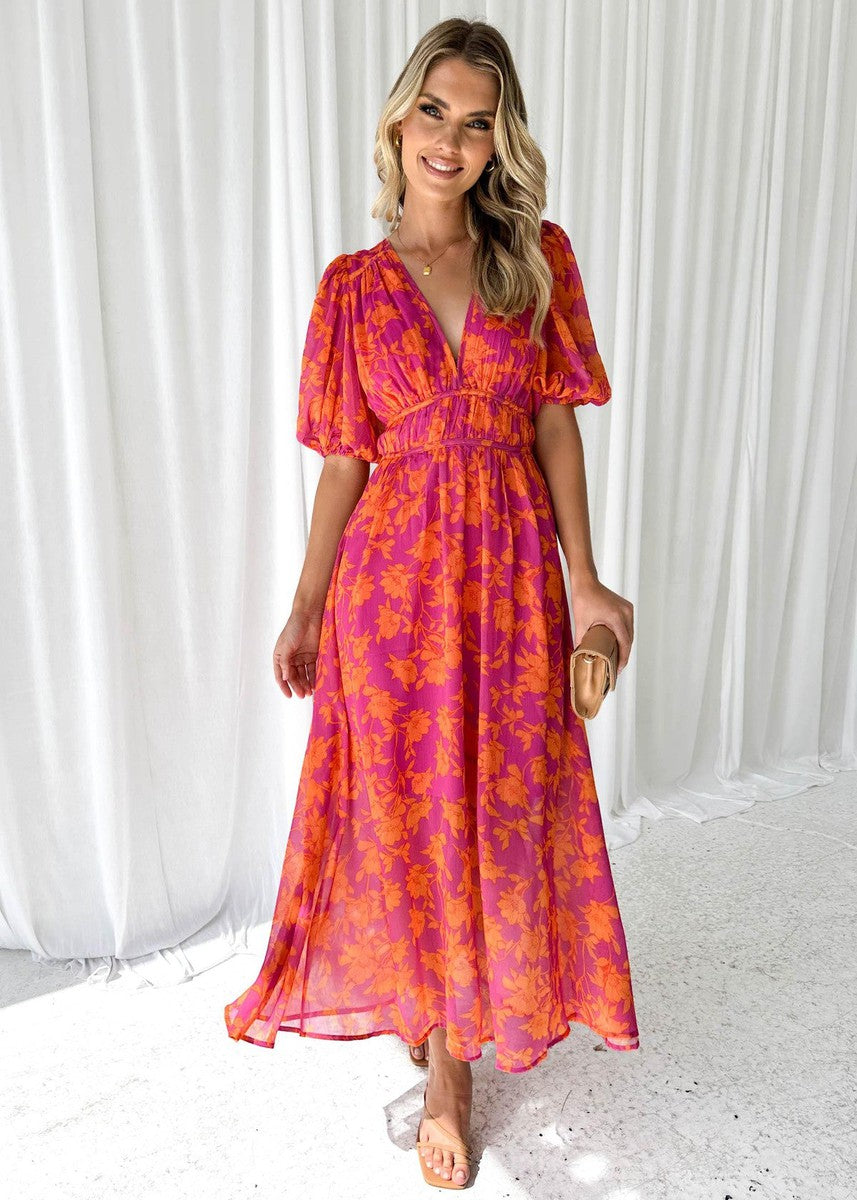 Abigail | Floral Puff-Sleeve V-Neck Women Summer Maxi Dress