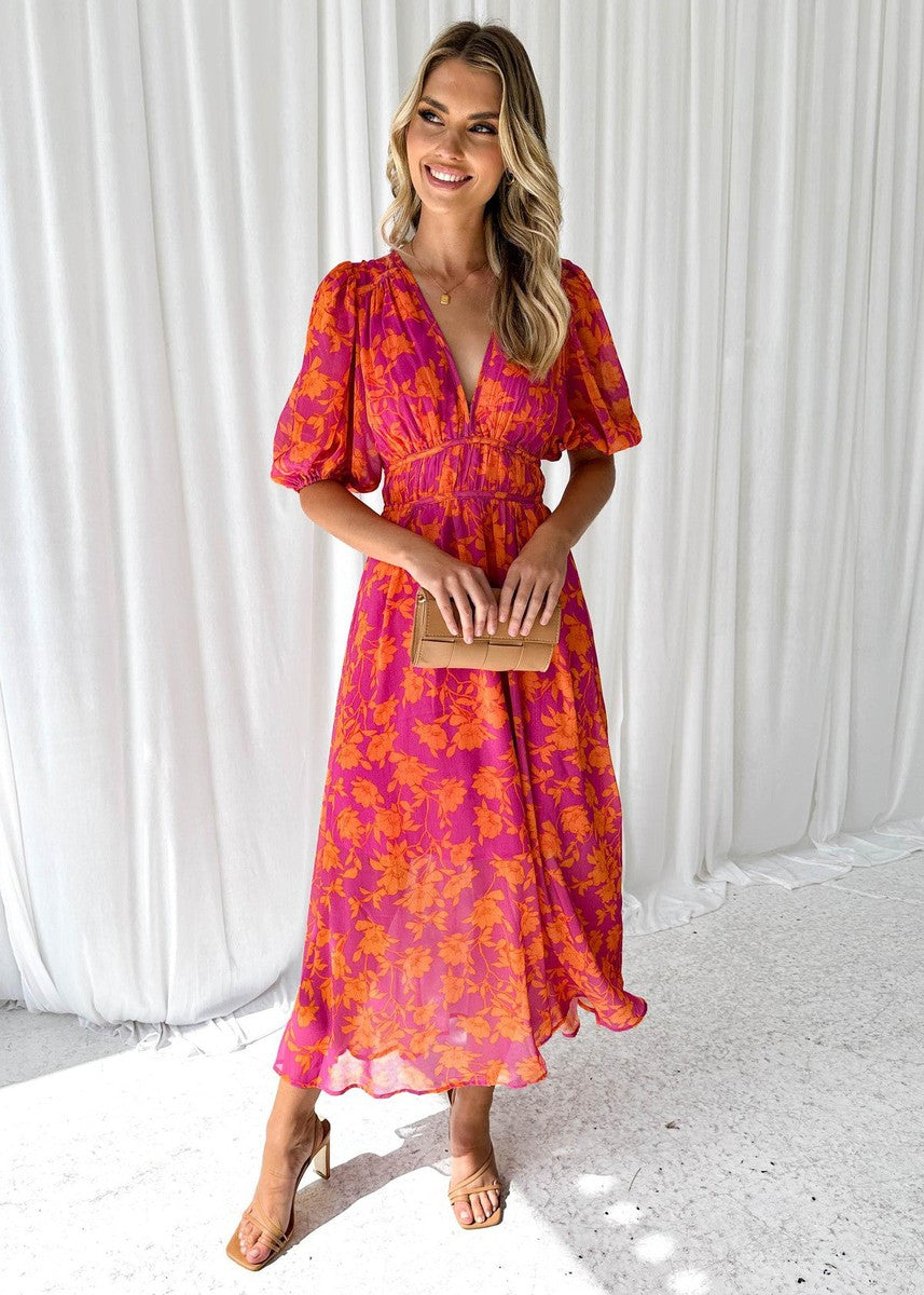 Abigail | Floral Puff-Sleeve V-Neck Women Summer Maxi Dress