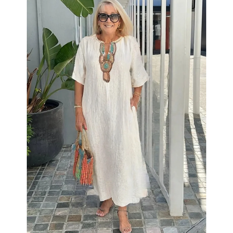 Brielle | Embroidered Linen-Blend A-Line Women Summer Maxi Dress