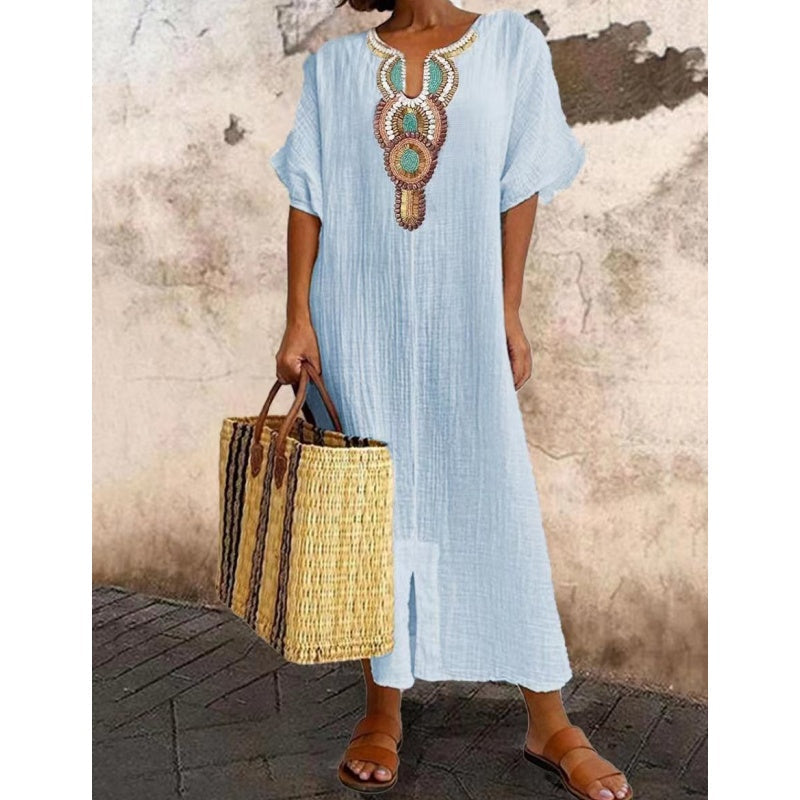 Brielle | Embroidered Linen-Blend A-Line Women Summer Maxi Dress