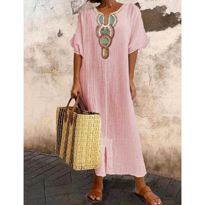 Brielle | Embroidered Linen-Blend A-Line Women Summer Maxi Dress