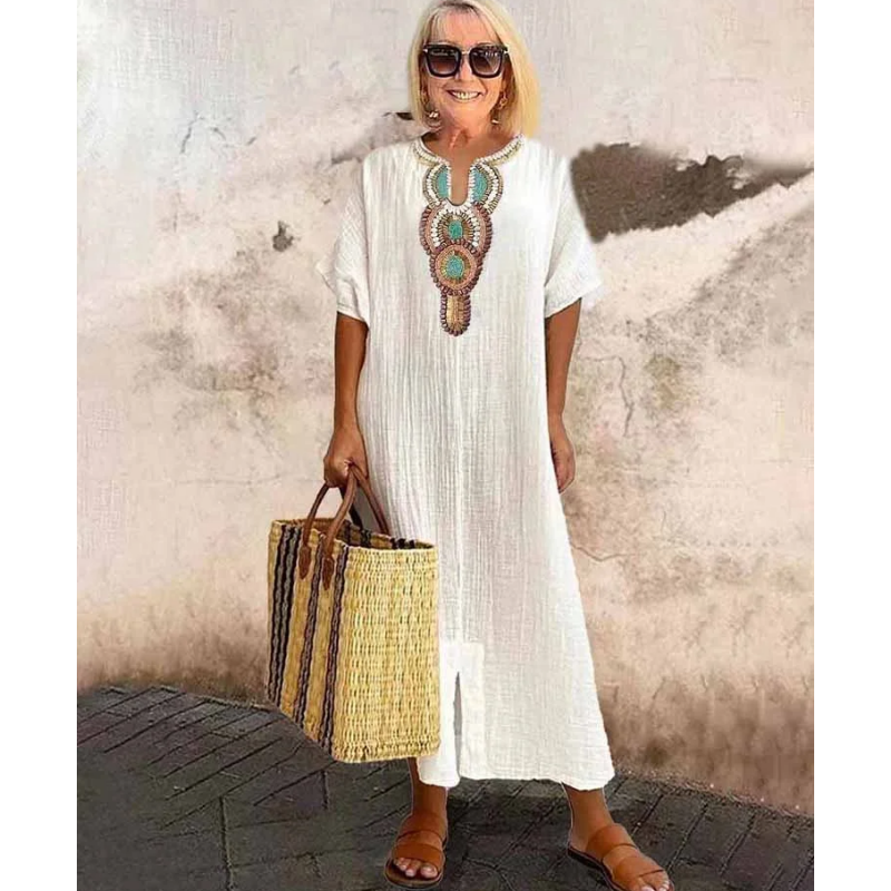 Brielle | Embroidered Linen-Blend A-Line Women Summer Maxi Dress