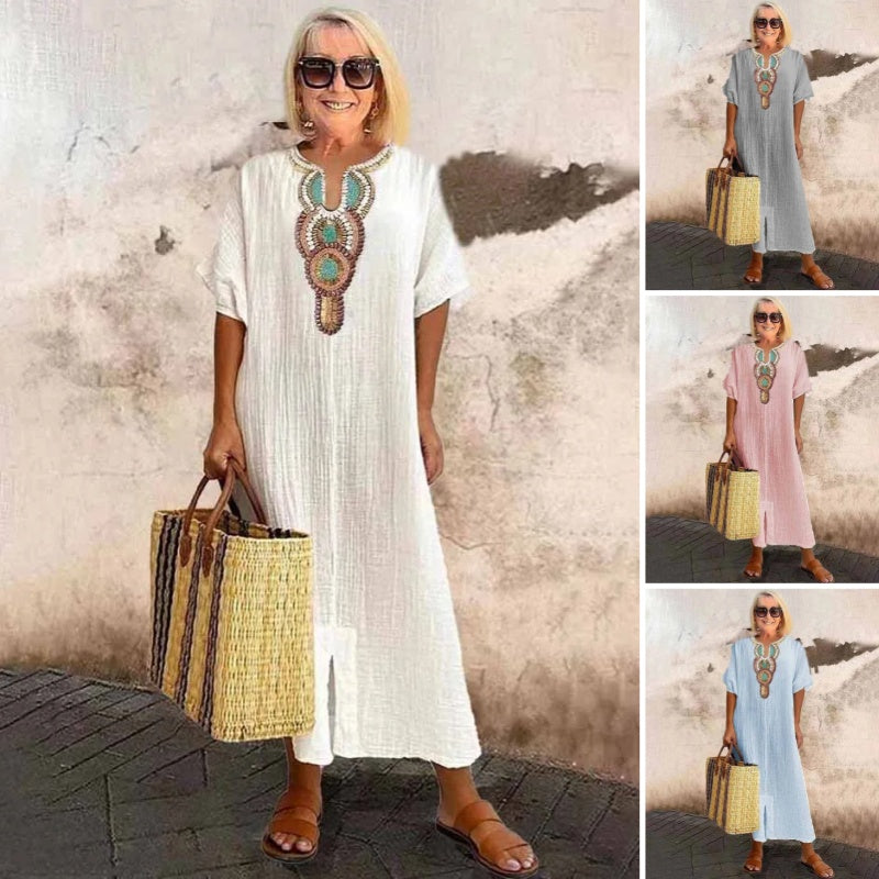 Brielle | Embroidered Linen-Blend A-Line Women Summer Maxi Dress