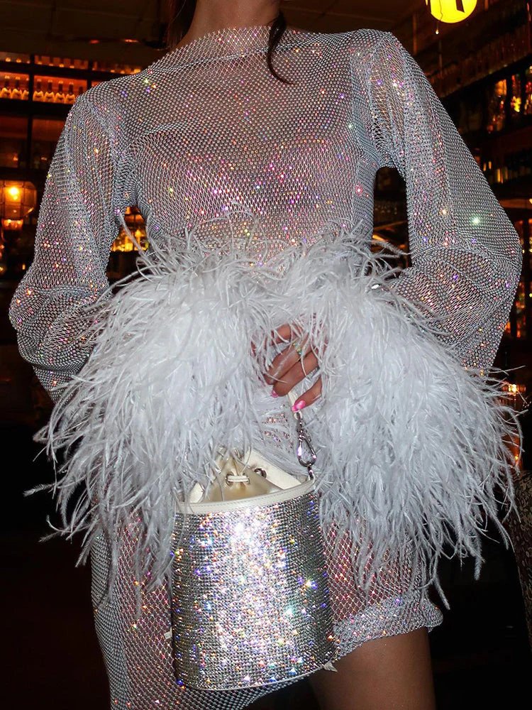 Alexa | Metallic Sheer Feather Women Summer Mini Dress