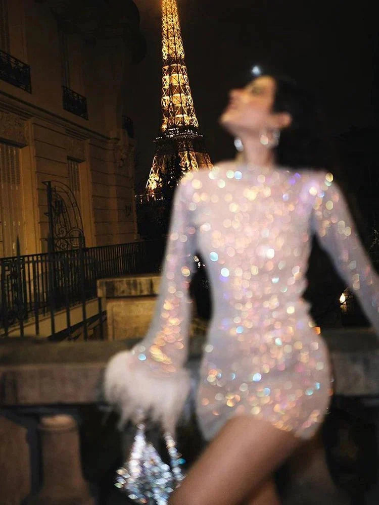 Alexa | Metallic Sheer Feather Women Summer Mini Dress
