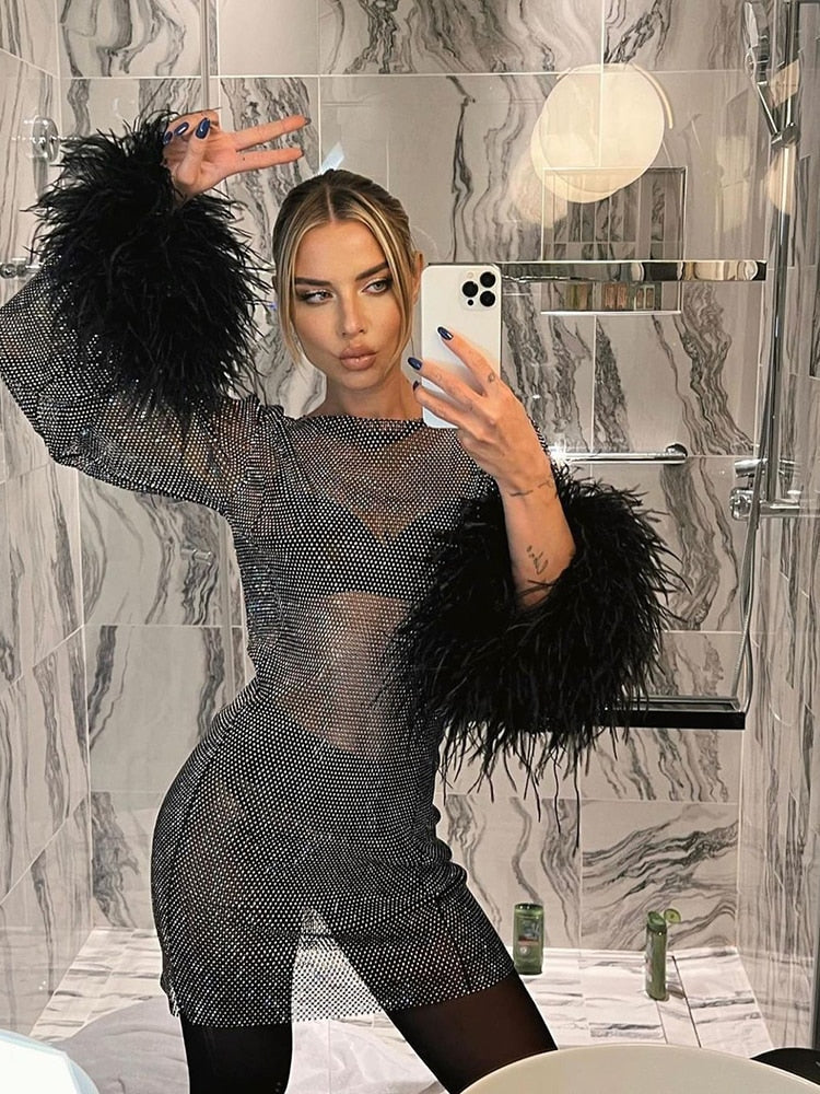 Alexa | Metallic Sheer Feather Women Summer Mini Dress