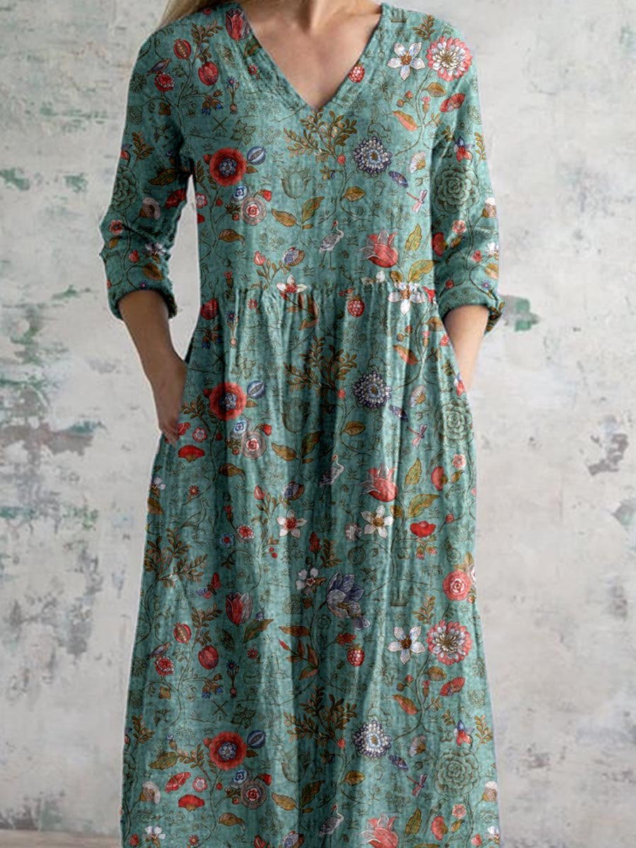 Lorena | Vintage Floral Relaxed V-Neck Women Summer Maxi Dress