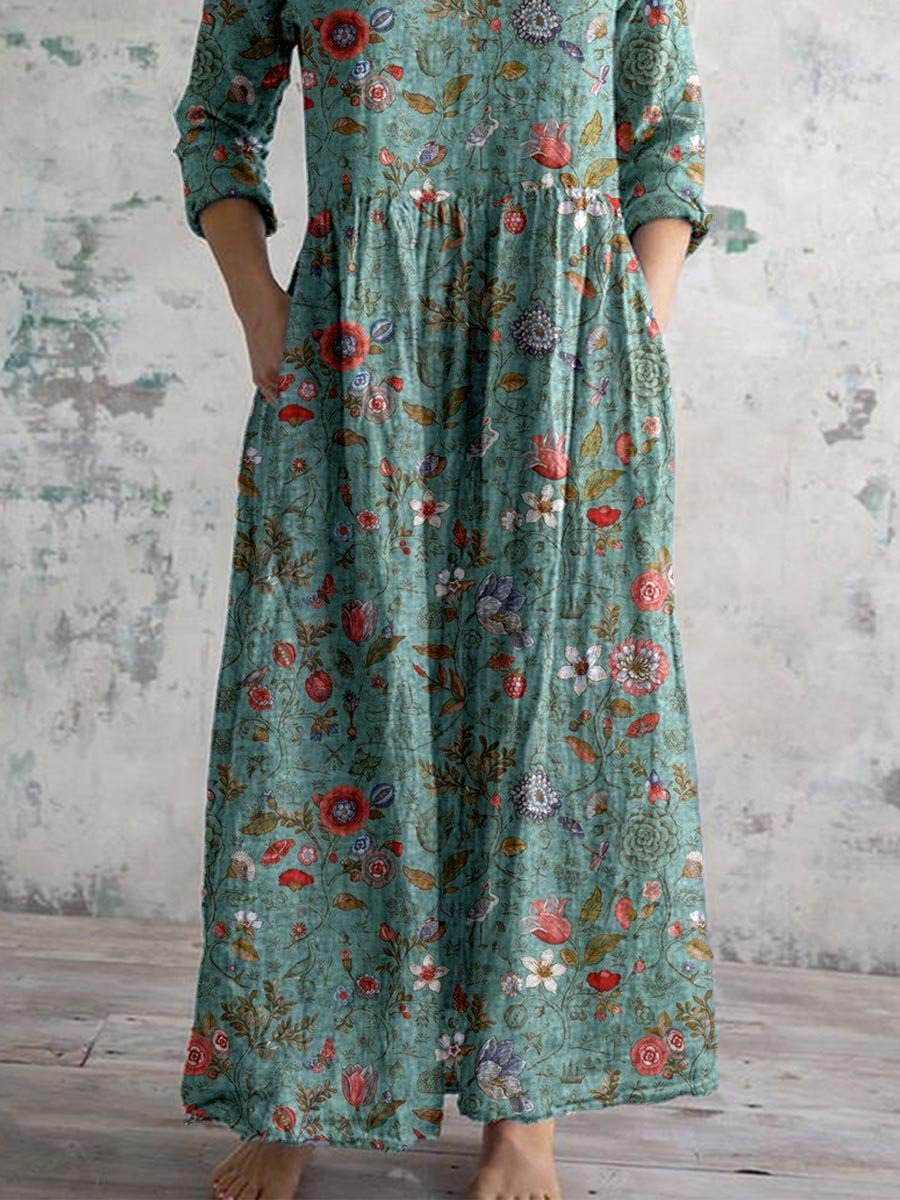 Lorena | Vintage Floral Relaxed V-Neck Women Summer Maxi Dress