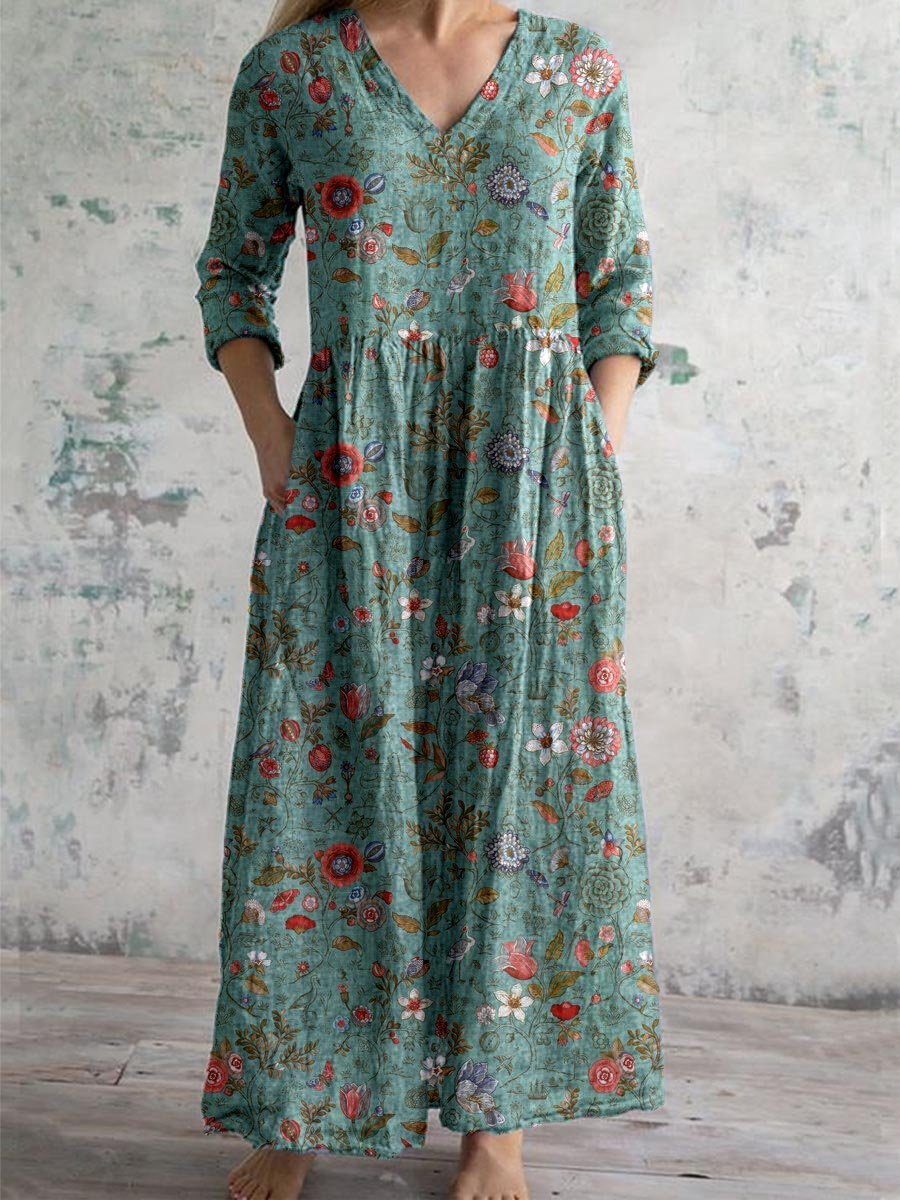 Lorena | Vintage Floral Relaxed V-Neck Women Summer Maxi Dress